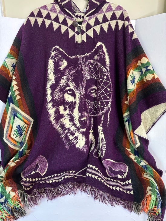 Handmade Sweaters - Purple Wolf Dreamcatcher Hooded Poncho Sweater